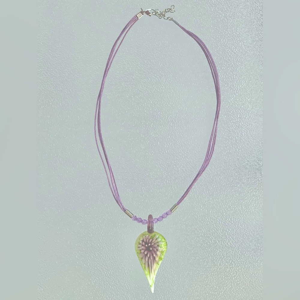 Lavender and Green Floral Hand-Blown Studio Art Glass Implosion Necklace - Picture 3 of 5